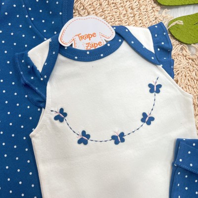 Conj. de Malha 3 peças - Borboletas com Poá - Azul e Off White Conj. de Malha 3 peças - Borboletas com Poá - Azul e Off White